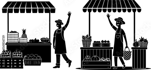 Friendly Market Vendor with Produce Stall Silhouette - Fresh Food and Local Business