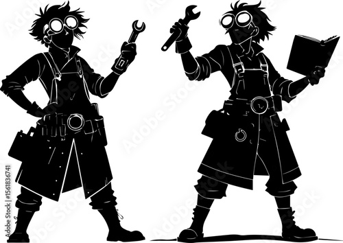 Steampunk Inventor Silhouette - Mad Scientist with Tools and Book