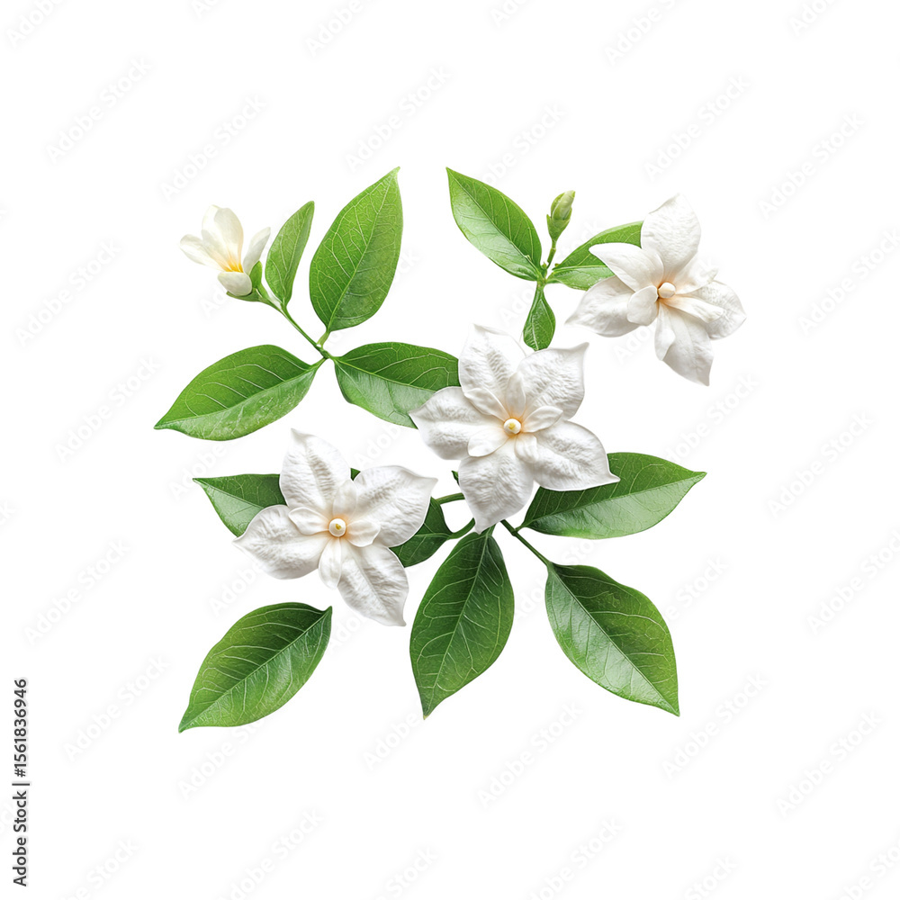 Obraz premium Fragrant white jasmine flowers with vibrant green leaves, symbolizing purity and beauty png
