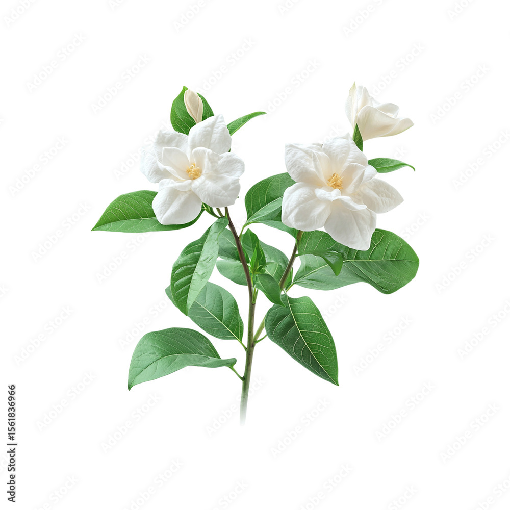 Fototapeta premium Fragrant white jasmine flowers with vibrant green leaves, symbolizing purity and beauty png
