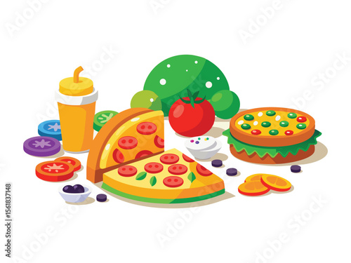 Delicious fast food meal with pizza burger drink and fresh ingredients isolated on white background

