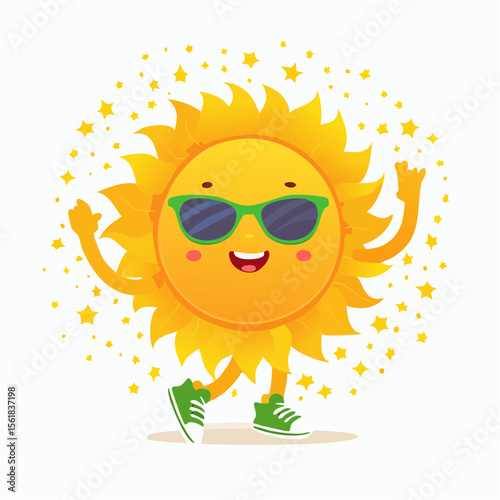 Radiant Sunshine: A cartoon illustration of a happy sun, with sunglasses and sneakers, spreading joy and warmth, the sun is the essence of a bright day.