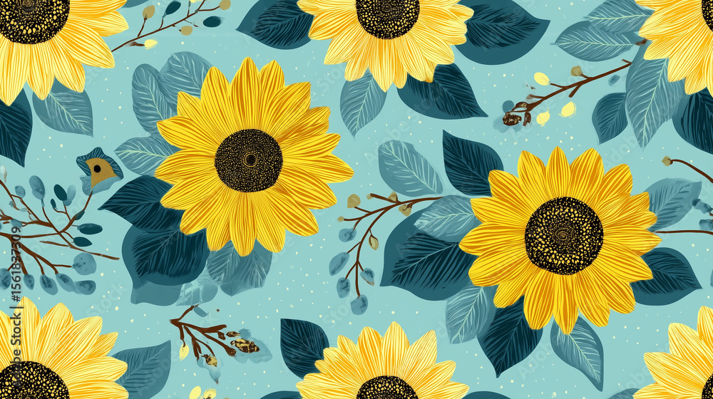 Obraz premium Seamless sunflower pattern on blue background with foliage