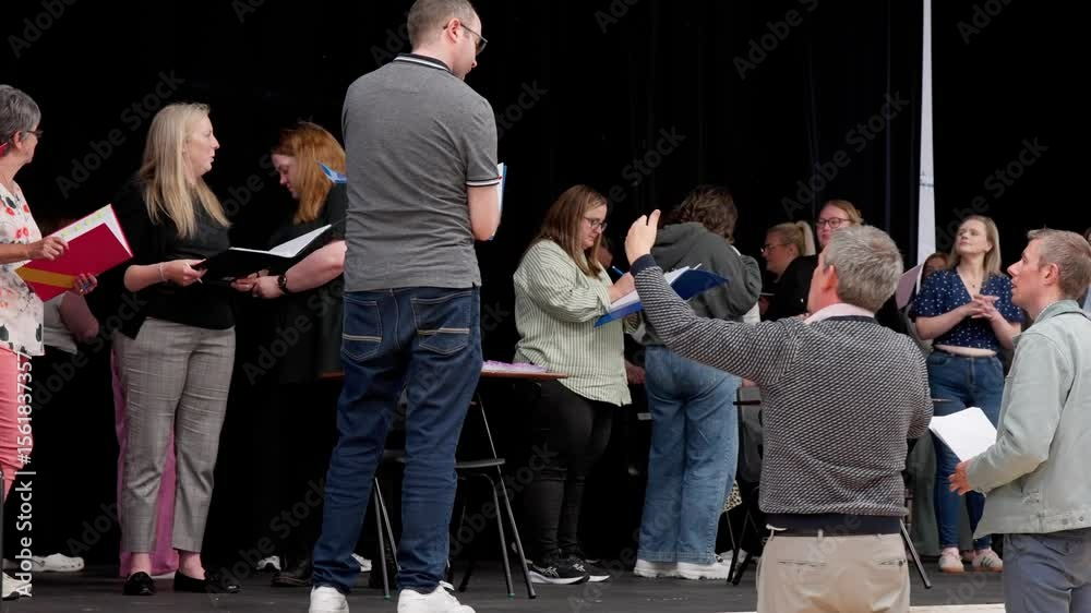Performer With Script Group of amateur theatre actors rehearsing on stage with scripts ...