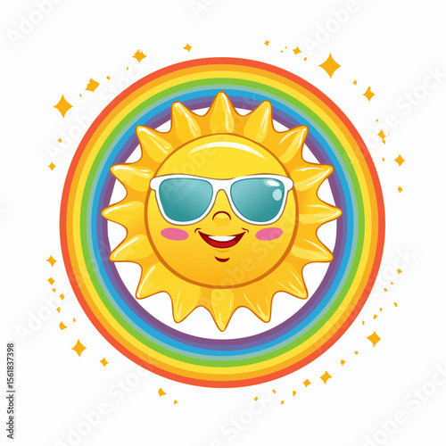 Sunny Delight: A whimsical depiction of a jovial sun, adorned with sunglasses, positioned centrally against a vibrant rainbow, radiating happiness and positive vibes.