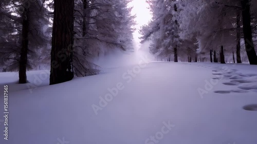 Footprints in a winter wonderland forest