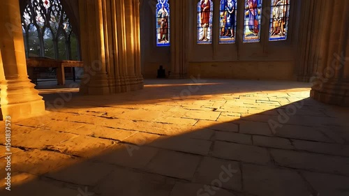 Sunlight streams through stained glass windows in a cathedral.