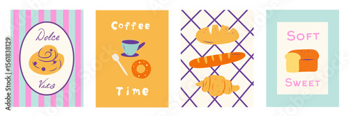 Collection of Retro Kitchen wall art. Cute food Poster template. Interior posters set. Editable vector illustration. Vintage wall decor frame. Pastry bakery doodle inspiration for cafe menu design.