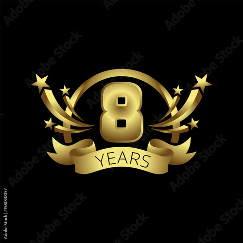 Anniversary Symbol of Eight Years: A majestic emblem commemorating eight years, presented with gold and stars. It embodies elegance and signifies the enduring legacy of time and achievement.