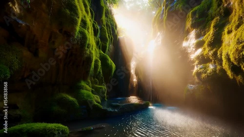 Moss-covered canyon with waterfall and sunlight