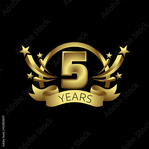 Golden Anniversary Emblem: A meticulously crafted, golden emblem announces the five-year milestone, with stars and elegant embellishments on a sleek black backdrop.