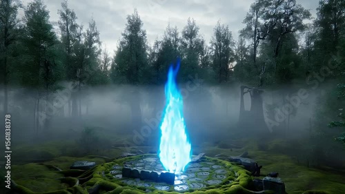 Mystical blue flame in a misty forest clearing.