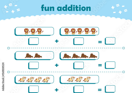 Game for children fun addition by counting cute wild animals pictures printable worksheet vector