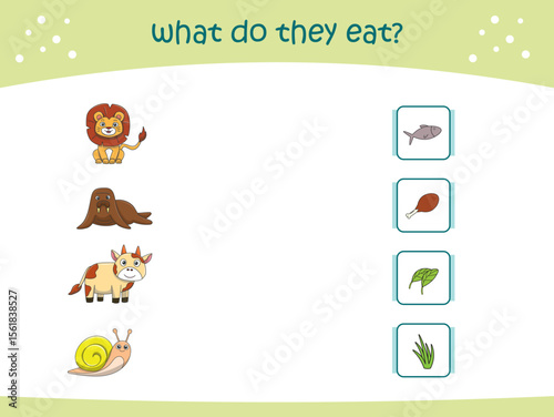 What do they eat matching game for kids with cute wild animals. activity page for kindergarteen and preschool. Vector illustration