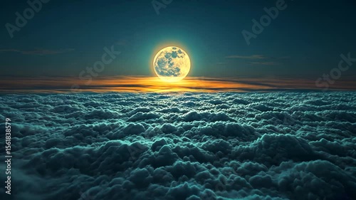 Majestic Moon Ascends Over a Tranquil Sea of Clouds at Dusk Horizon