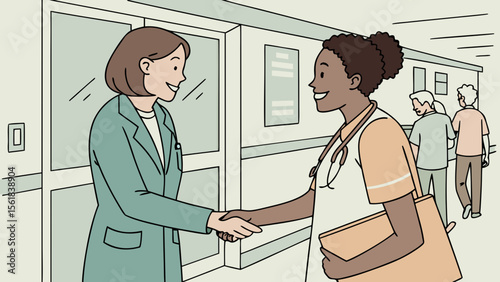 Cute businesswoman greets nurse during meeting in hospital