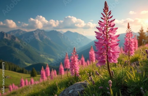 Picturesque summer landscape of Carpathian mountains. Blooming pink Chamaenerion angustifolium flowers on valley. Scenic mountains background, blue sky with clouds, beauty of nature, travel, vacation.