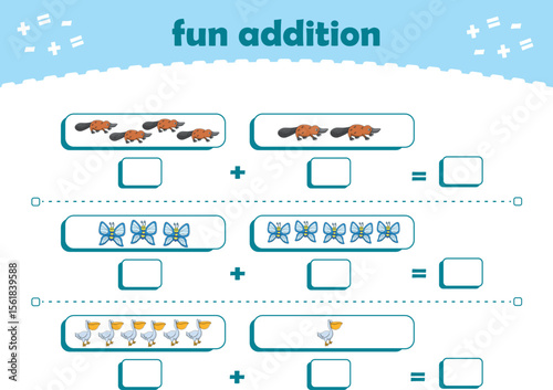 Game for children fun addition by counting cute wild animals pictures printable worksheet vector