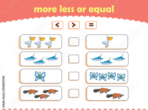 More, less or equal. Count the amount of cute wild animals. Educational math game for kids. Vector Illustration