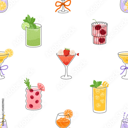 Seamless pattern of cold sumemr drinks. Sweet refreshment beverages. Lemon, grapefruit, orange, lime, cherry, mint, rosemary, strawberry, cranberry, lavender cocktails. Flat vector background