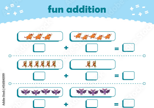 Game for children fun addition by counting cute wild animals pictures printable worksheet vector