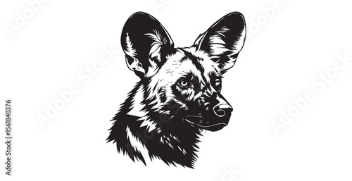 Canvastavla African wild dog portrait with large ears in a striking black and white silhouet