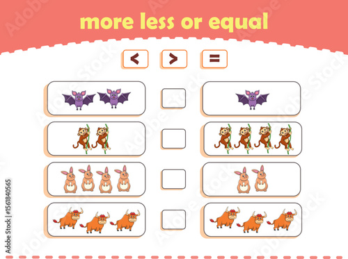 More, less or equal. Count the amount of cute wild animals. Educational math game for kids. Vector Illustration