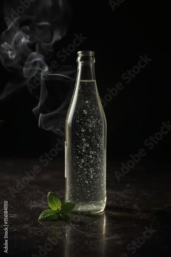Luxury Bottle with Sparkling Bubbles and Elegant Black Background