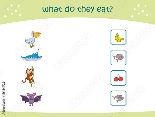 What do they eat matching game for kids with cute wild animals. activity page for kindergarteen and preschool. Vector illustration