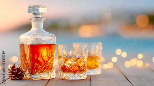 Elegant whiskey decanter with two glasses filled with amber liquid, surrounded by soft bokeh lights, creating a warm and inviting atmosphere for relaxation. Selective focus