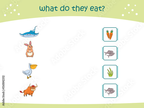 What do they eat matching game for kids with cute wild animals. activity page for kindergarteen and preschool. Vector illustration