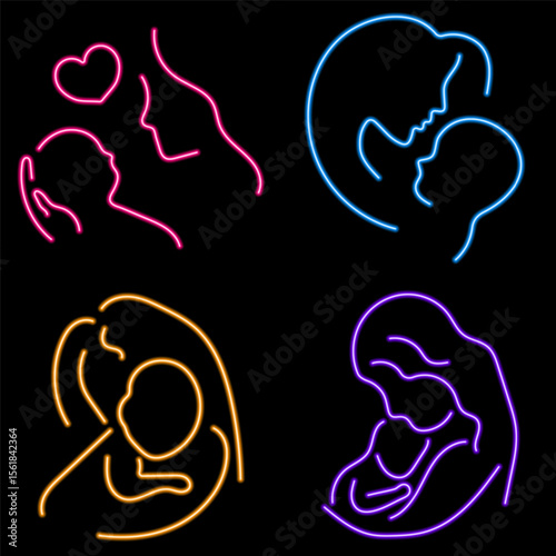 mother's day group of neon icons, vector illustration on black background.
