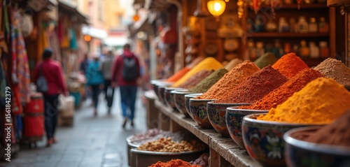 Fototapeta Naklejka Na Ścianę i Meble -  Moroccan spice market. Piles of vibrant colored spices in traditional bowls on a shop shelf. People strolling, shop local buying spices. Souk, vibrant culture of Morocco.