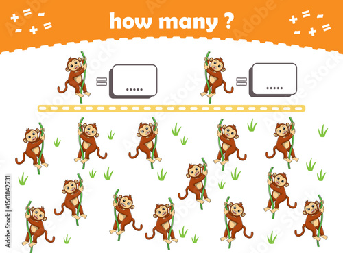 Math game for kids. Count how many animals are turned left and how many are turned right. Vector Illustration