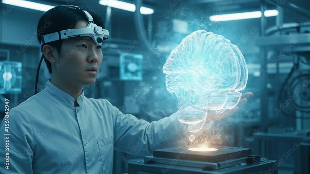 Scientist interacting with holographic brain model in lab
