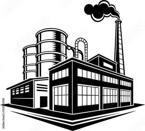 Silhouette of Industrial Factory with Smokestacks, Industrial buildings silhouettes