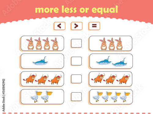 More, less or equal. Count the amount of cute wild animals. Educational math game for kids. Vector Illustration
