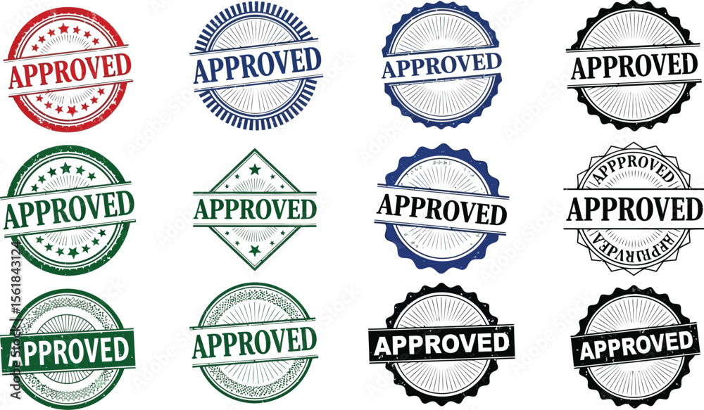 Obraz premium Approved stamp vector set, various designs and colors, grunge texture, rubber stamp, seal of approval