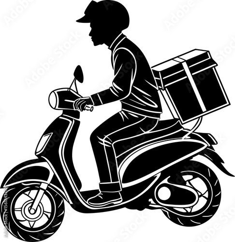 Silhouette of Delivery Rider on Scooter with Package; Delivery man carrying a box on motorbike silhouette vector