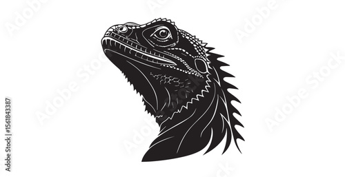 Detailed black and white iguana head silhouette with intricate scales and spikes