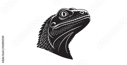 Detailed black and white illustration of an iguana head silhouette