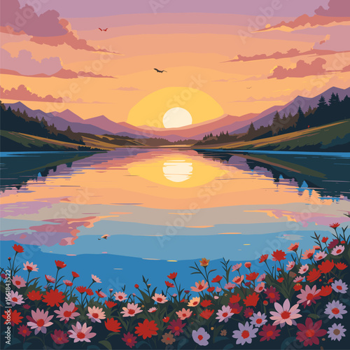 Serene Sunset Reflection: Lakeside Flowers and Mountain Vista