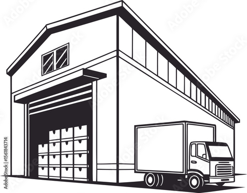 Silhouette of Warehouse with delivery Truck; Warehouse silhouette, delivery Truck silhouette 