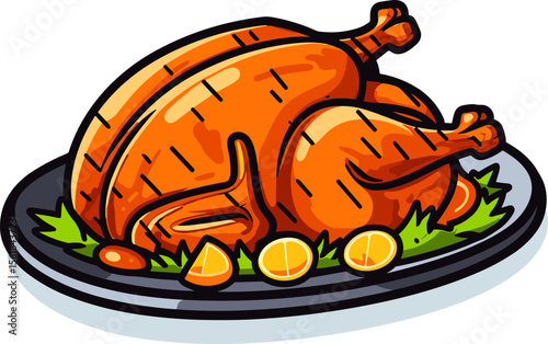 Roasted Turkey on Plate with Lemon - Festive Meal Illustration