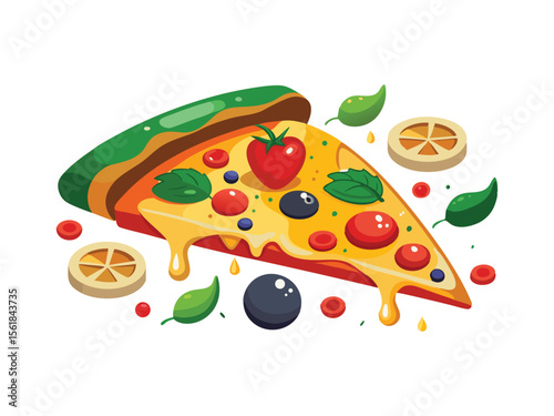 Delicious slice of pizza with fresh toppings and melting cheese isolated on white background
