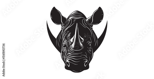 Detailed rhino head with two horns and large ears silhouette