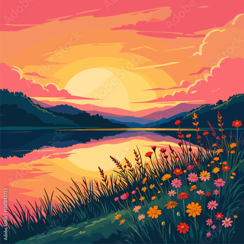 Vibrant Sunset over Serene Lake with Wildflowers