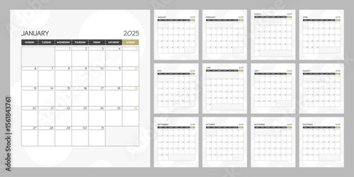 Monthly calendar square planner schedule for 2025 year. Week Starts on Monday