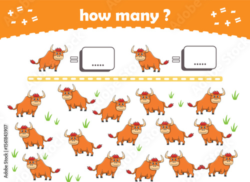 Math game for kids. Count how many animals are turned left and how many are turned right. Vector Illustration