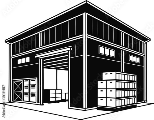 Silhouette of Warehouse with Stacked Boxes;  Warehouse Silhouette